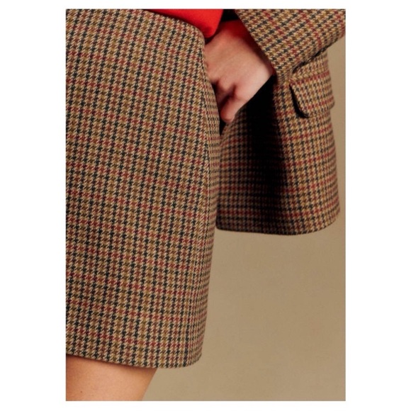 Sezane Malia Houndstooth Mini Skirt Plaid Wool Brown Navy Blue Size Small Fr 34 - Picture 5 of 14